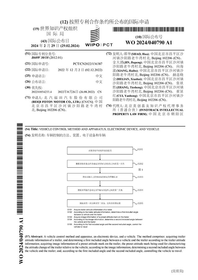 福田汽车公布国际专利申请：“车辆控制的方法、装置、电子设备和车辆”(图1)